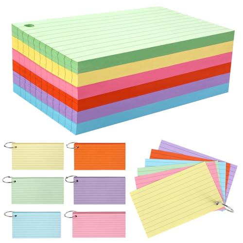 300 Sheets Colored Portable Index Cards 3x5 inches，Ruled Index Cards with Ring Lined Flashcards，flash cards for studying，Office School and Home（Six Colors，Each Color 50 Sheets Per Package）
