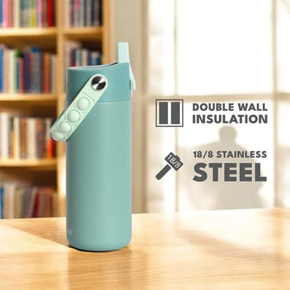 Elemental Insulated Kids Water Bottle, Stainless Steel Water Bottle with Straw Lid & Pop-It Handle, Leak-Proof Water Bottles for School, Boys or Girls, Travelling and Sports, 18oz - Sage - color: Sage