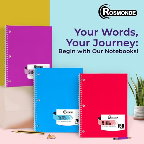 Rosmonde 3 Subject Notebook Wide Ruled, 12 Pack, Long Lasting, Extra Pages - 300 Pages (150 Sheets), No-Bleed Thick Paper, 3 Hole Punched, 8x10-1/2, 3 Subject Spiral Notebook for School, Home & Office - size: 12 Pack