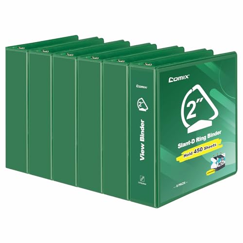 COMIX Sturdy 3 Ring Binder 2 inch with Clear View Cover, 2" Slant-D Ring View Binder Holds 500 Sheets of US Letter Size Paper, 6 Pack (Green) - color: Green, size: 2 inch