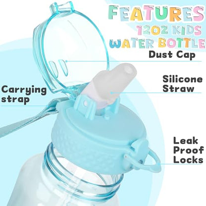 OLDLEY 12oz Kids Water Bottle, Tritan BPA-Free, Leakproof Flip Straw Lid, Motivational Time Marker, Carry Strap, Reusable Clear Water Bottle for Boys & Girls,Cerulean - color: Cerulean, style: 12 Ounces