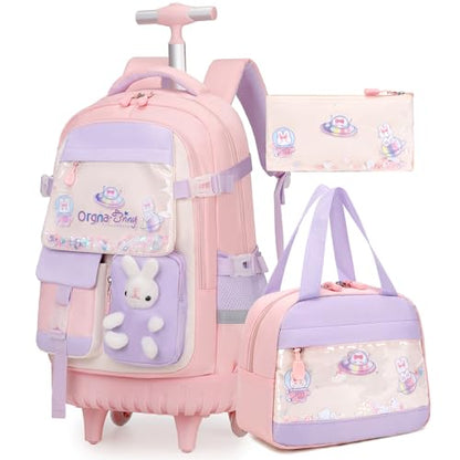 FIXITOK Rolling Backpack for Girls, Kawaii Bunny Roller Wheels School Backpacks with Lunch Bag Pencil case, Wheeled Suitcase Bookbag for Elementary Travel Pink - color: Pink