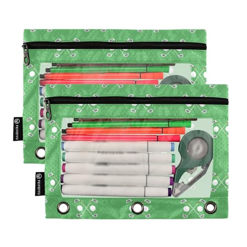 Green Golf Ball Pencil Pouch for 3 Ring Binder 2 Pack Large Capacity Pencil Pouches with Zipper Clear Binder Pencil Case Bag for Home Office School Supplies - color: Green Golf Ball