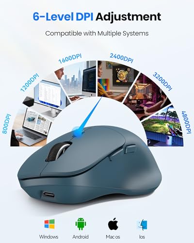 TECKNET Wireless Mouse Bluetooth 5.0/3.0 & 2.4G Rechargeable, Silent Clicks, Adjustable 4800 DPI, 6 Buttons, Ergonomic Design, Bluetooth Mouse for Laptop, Computer, ipad - Blue - color: Blue