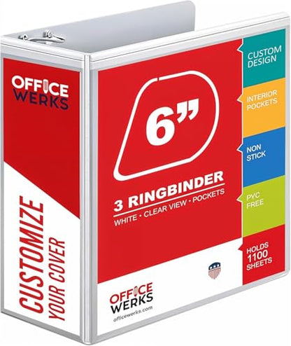 3 Ring Binders, 6 Inch D Ring Heavy Duty Large Binder with Pockets for 8.5" x 11" Sheet Size, Durable Non-Stick Customizable Clear View Cover (White) - color: White, size: 6 Inch (1 Pack)