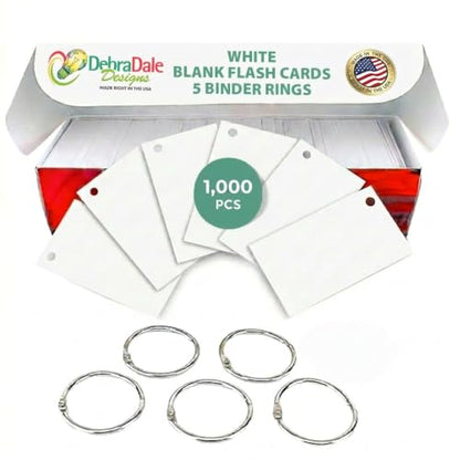 Blank Flash Cards with Rings & Box 1000 White Hole-Punched 2x3.5 USA Made | For active recall, vocabulary, homeschooling, language learning, exam prep, and spaced repetition.