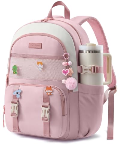 LOVEVOOK Cute School Backpack for Girls Ages 8-14, Lightweight Bookbag with Cartoon Charms & Pins, Back to School Backpack for Elementary & Middle School, Fits 17.3 Inch Laptop and 40oz Tumbler - color: Off-white & Pink, size: 17.3 Inch