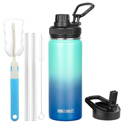 MEZMUT 18oz Insulated Water Bottle with Straw&2 Lids Stainless Steel Water Bottles Kids Metal Thermos Water Bottle Cup for School Vacuum Insulated Bottles Leak-Proof Travel Cup (Gradient Blue) - color: Gradient Blue, size: 18 Ounces