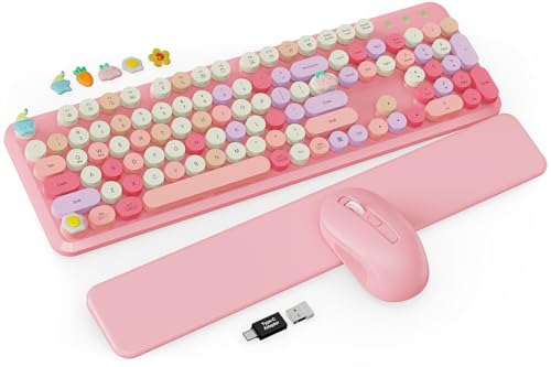 Wireless Keyboard and Mouse Combo, Typewriter Keyboard with Detachable Wrist Rest, Full-Size Retro Round Keycaps, Smart-Sleep, 2.4GHz Stable Connection for Mac/Windows/PC, Trueque(Rose Quartz Pink) - color: Rose Quartz Pink