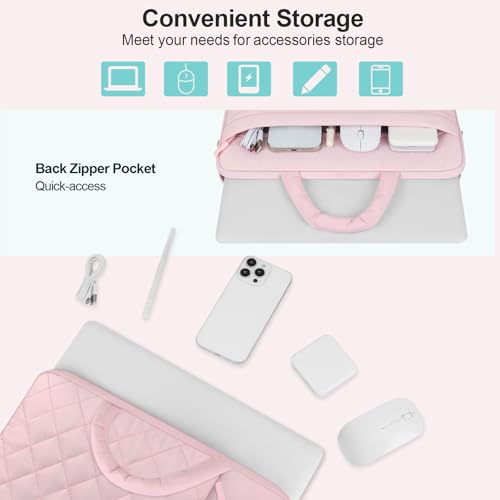 Puffy Laptop Sleeve 13.3 inch,13-14 inch Laptop Handbags for Women | Compatible with MacBook Air 13 13.6/Pro/Neo 13/Pro 14,HP Dell ASUS Lenovo,Square Quilted Bag with 2 Pockets&Handle&Belt, Pink