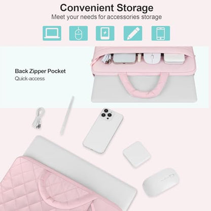 Puffy Laptop Sleeve 13.3 inch,13-14 inch Laptop Handbags for Women | Compatible with MacBook Air 13 13.6/Pro/Neo 13/Pro 14,HP Dell ASUS Lenovo,Square Quilted Bag with 2 Pockets&Handle&Belt, Pink