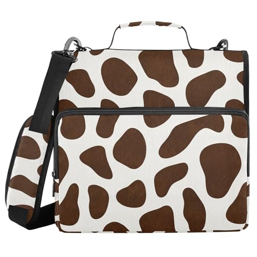 Brown Cow Print Zipper Binder 3 Ring with Shoulder Strap, Multiple Pockets Expanding File Folder Binder Bag Organizer
