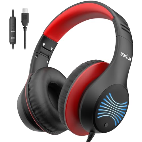 EarFun K3 Kids Headphones, USB Type C Over Ear Headphones with Microphones, 85/94dB Volume Limit, HD Stereo Sound with LED Light, Foldable Wired Headphones for School/Boys/Girls/Tablet, Black - color: USB-C Red Black