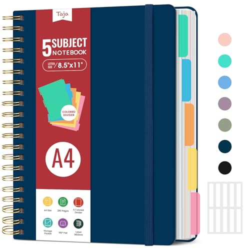 Hardcover Spiral Journal Notebooks for Work With Removable Dividers & Tabs, 8.5"x11" 5 Subject Notebook for Note Taking & Organizer, A4 College Ruled Lined Journal for Women & Writing, Navy Blue, 280 Pages - color: I-Navy Blue