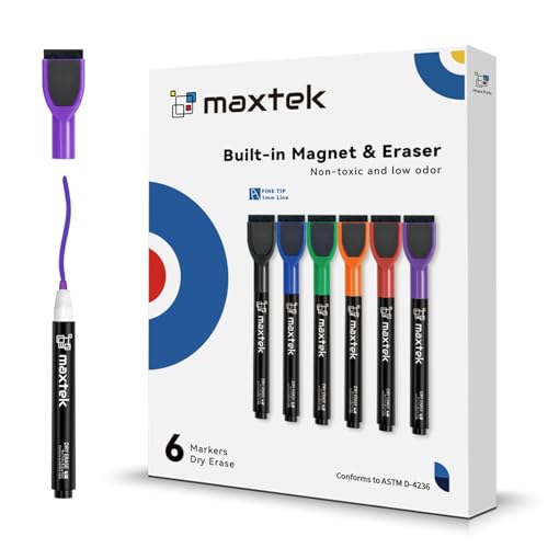 maxtek Dry Erase Markers - 6 Count Colorful Magnetic Dry Erase Markers Fine Tip with Eraser, Low Odor Whiteboard Markers for Calendar Boards - style: 6 Count 6 Colors