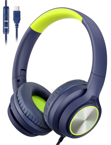 USB Type C Kids Headphones for School, Wired Over Ear Headsets with Microphone Limited Volume 85dB/ 94dB, Portable USBC Headphones for Kids Teens Children Online School/Travel/iPad/Tablet/Cellphone - color: Blue, size: USB Type C Plug