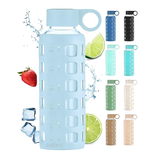 purifyou 40oz / 32oz / 22oz / 12oz Borosilicate Glass Water Bottle with Time & Volume Markers, Silicone Sleeve, Stainless Steel Lid | Reusable Glass Bottle for Water & Juice (12oz Ice Blue) - color: Ice Blue (1 Count), size: 12 Ounces