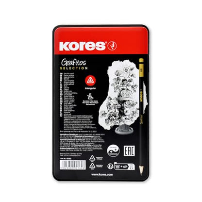 Kores - Grafitos: Graphite Pencils Different Grades Set for Kids and Adults with Soft Lead, Triangular Shape, School and Art Supplies for Writing, Drawing and Sketching, Set of 12 in Metal Box