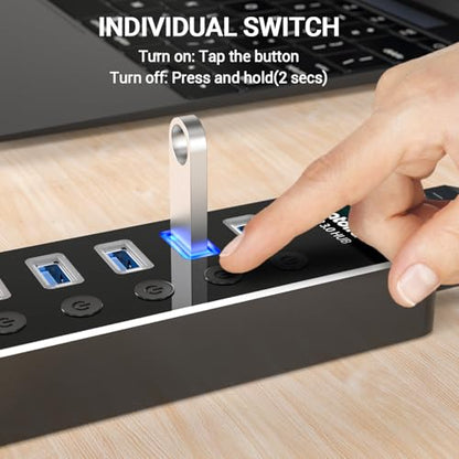 Powered USB Hub, atolla Aluminum 5-Port USB 3.0 Hub with 4 USB 3.0 Data Ports and 1 USB Smart Charging Port, USB Splitter with 5V/3A Power Adapter and Individual Switches