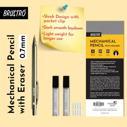 BRUSTRO Mechanical Pencil Metal with Eraser 0.7mm Writing/Sketching/Drawing Spare leads HB-20 units. 2B-20 units Spare eraser- 8 units