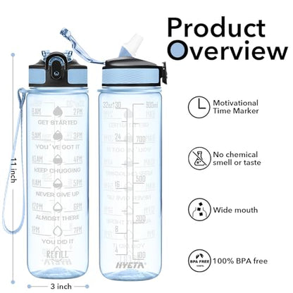 Hyeta Water Bottle with Straw & Time Marker, Plastic 32oz Leakproof | Motivational Tritan BPA Free Gym Office Outdoor Intake Tracker Hourly Reminder Straw Lid Carry Strap - color: Clear Blue