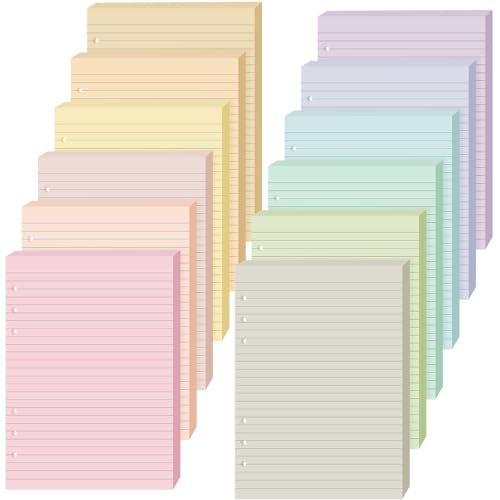 PerKoop 12 Pack Lined Refill Paper A5 Colored 6 Ring Binder Planner Inserts 6 Hole Notebook Refills Paper 8.2 x 5.8 Inch Loose Leaf (Macaron Color) - color: Macaron Color