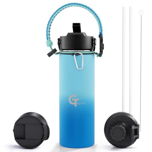 18oz Kids Water Bottle, Insulated Stainless Steel with Straw Lid, 3 Lids, Leakproof, Paracord Handle, BPA-Free for School & Sports (Light Blue/Blue, 18oz) - color: Light Blue/Blue, size: 18oz