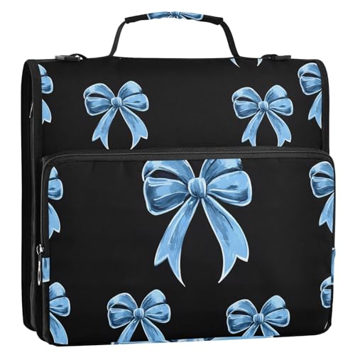 Blue Bow Print 3 Ring Zipper Binder Bag Binder Organizer with Handle Shoulder Strap for School Work Office Supplies - color: Blue Bow Print