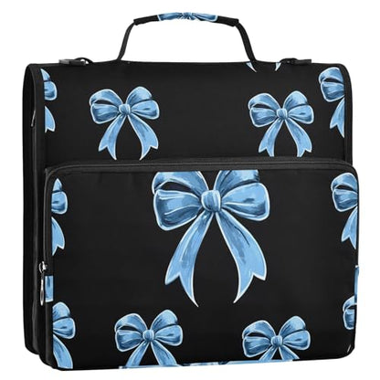 Blue Bow Print 3 Ring Zipper Binder Bag Binder Organizer with Handle Shoulder Strap for School Work Office Supplies - color: Blue Bow Print