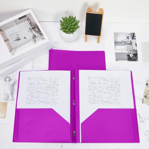 Yeaqee 60 Pcs Plastic Folders with Pockets and Prongs Plastic Folder 2 Pockets 3 Prongs with Business Card Slot Back to School Folders for Students, Teachers, Office Workers (Neon Purple) - color: Neon Purple