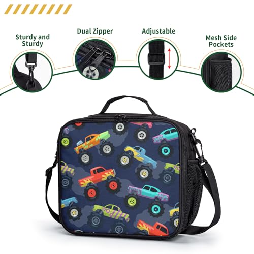 Monster Trucks Lunch Box for Boys Girls Toy Cars Pattern Lunch Bag with Shoulder Strap for Kids Teens Durable Large Capacity Insulated Lunchbox Thermal Meal Bag for School Picnic - color: A-Monster Trucks
