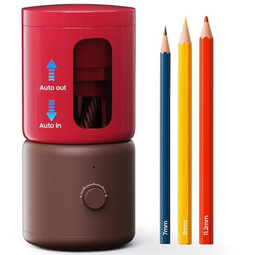 VUSIGN Electric Pencil Sharpener for Artists & Kids, Fully Automatic Rechargeable Pencil Sharpener with Auto Feed & Eject, Fits 6.9-11.2mm Colored & Jumbo Pencils, Hands-Free for School Office - color: Red & Brown