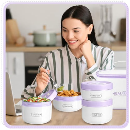 Dandat 4 Pcs Insulated Lunch Container, Portable Bento Box, Stainless Steel Lunch Box, Round Stackable Leakproof Thermal Food Container for Adult Men Women with Insulated Bag, 74 oz(Purple) - color: Purple