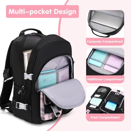 ACESAK Girls Backpack - Bento Box with Insulated Lunch Bag Pencil Case & Utensils Set for Kids, 6 Leakproof Compartments Removable Tray Lunches or Snack Container for School (Black) - color: Black