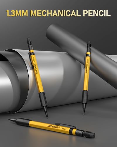 Four Candies 3PCS 1.3mm Metal Mechanical Pencil Set with Case, Yellow | 72 Refills (Red Yellow Black), 3 Erasers, Heavy Duty, Weatherproof Body for Adult Outdoor Construction Woodworking Marking - size: 3-Pack, style: Yellow
