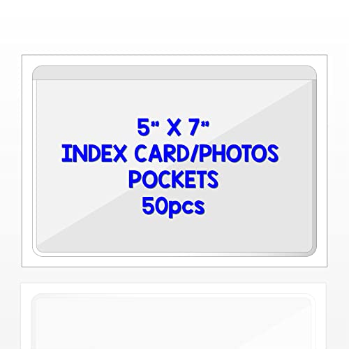 IMAGAME Clear Adhesive Index Card Pockets, 5" x 7", 50 Pack | Top Open for Loading, Plastic Labels Holders, For Storage Bins and Library Card, Organizing and Protecting Cards or Photos - size: 5-5/8" x 7-5/16" for 5" x 7" Cards/Photos