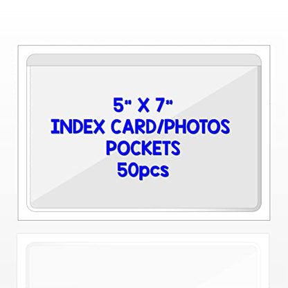 IMAGAME Clear Adhesive Index Card Pockets, 5" x 7", 50 Pack | Top Open for Loading, Plastic Labels Holders, For Storage Bins and Library Card, Organizing and Protecting Cards or Photos - size: 5-5/8" x 7-5/16" for 5" x 7" Cards/Photos