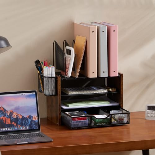 4-Tier Desk Organizer with Drawer, Wooden Mesh File Organizer with 5 Vertical Sorters & 2 Pen Holders, Multi-Functional Desktop Organizer for Home, Office & School