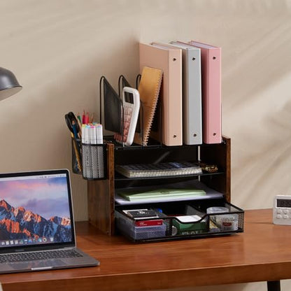 4-Tier Desk Organizer with Drawer, Wooden Mesh File Organizer with 5 Vertical Sorters & 2 Pen Holders, Multi-Functional Desktop Organizer for Home, Office & School