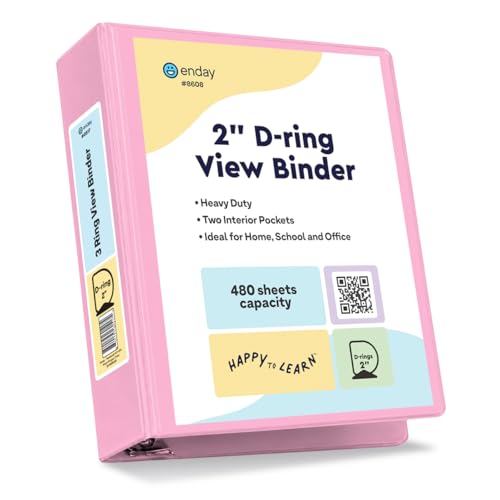 Enday 2 Inch Binder, Pink - 2 Inch 3 Ring Binder, D-Ring Pastel with Clear View Cover for Letter Size 8.5 x 11'' Paper & 2 Inside Pockets, Ideal for School Supplies, Office, and Home - color: Pink, size: 2-Inch