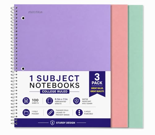 Mintra Office Durable Spiral Notebooks, 1 Subject, (Salmon, Sage Green, Lavender, College Ruled 3 Pack), 100 Sheets, Poly Pocket, Moisture Resistant Cover, Strong back, For School, Office, Business, - color: Salmon, Sage Green, Lavender, size: College Rul