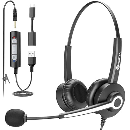 Voistek USB Headset with Microphone for PC, Computer Headset with Noise Cancelling Mic, Mute & Volume Control, Wired Headset for Work, Zoom, Teams, Online Meetings, Home Office - color: Black