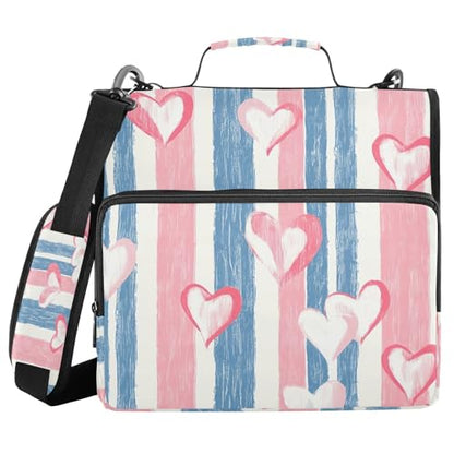 Hearts Stripes Zipper Binder 3 Ring with Shoulder Strap and Handle Multiple Pockets Expanding File Folder Organizer