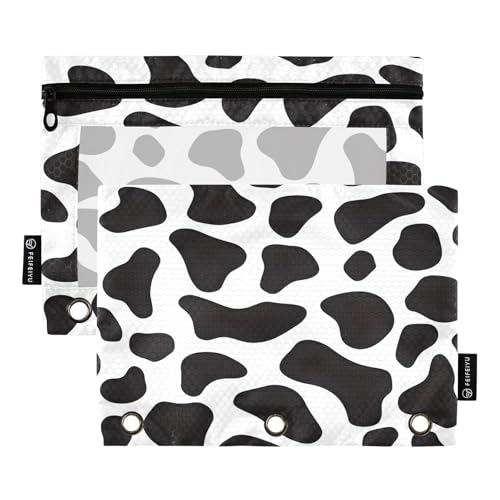 SUABO Black and White Cow Print Pencil Pouch for 3 Ring Binder, 2 PCS Binder Pencil Pouch with Zipper, Clear Window Zipper Pencil Case Pencil Bags for School Office Supplies - color: Cow