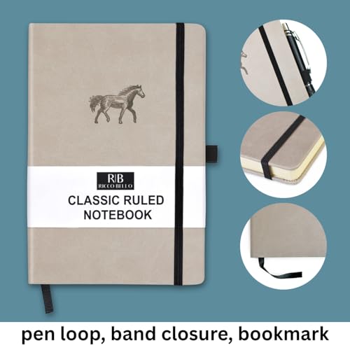 RICCO BELLO Lined Journal Notebook, Horse, Faux Leather Hardcover | With Pen Holder, College Ruled, 96 Sheets / 192 Pages, 5.7 x 8.4 Inches - color: Horse