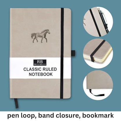 RICCO BELLO Lined Journal Notebook, Horse, Faux Leather Hardcover | With Pen Holder, College Ruled, 96 Sheets / 192 Pages, 5.7 x 8.4 Inches - color: Horse