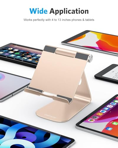 OMOTON T1 Adjustable Tablet Stand for Desk, Aluminum Holder for iPad Gold | Solid Metal Build | Charging Cutout | Anti-Slip Silicone Pads | Multi-Angle Adjustable | Fits 3.5-12.9" | Holds Thick Cases - color: Gold