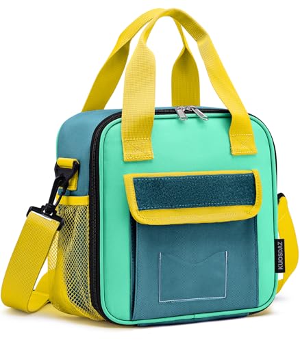 Lunch Box for Kids, Large Double-Insulated Lunch Bag for Boys, Cooler Bag Back to School Thermal Reusable, Cute Preppy Students Lunch Tote Pail with Water Bottle Holder, Blue & Green