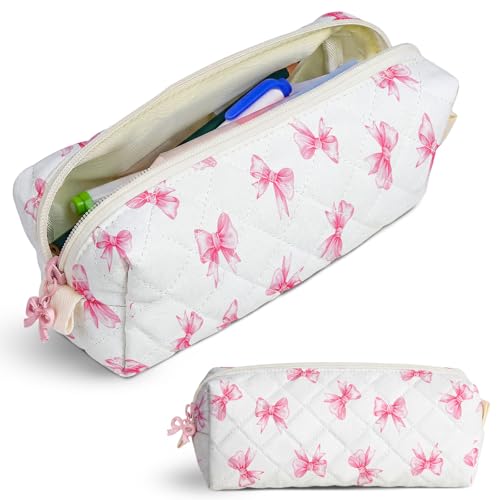 Cute Quilted Pencil Case for Girls Women, Aesthetic Small Floral Pencil Pouch,Slim Soft Pencil Bag for School Supplies Makeup Pouch for School & Daily Use (Tiny Pink Bow) - color: Tiny Pink Bow