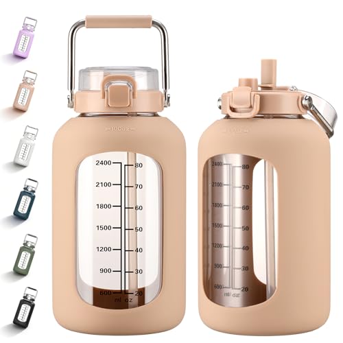 MUKOKO 100oz Glass Water Bottle with Time Marker and Silicone Sleeve 3L Large Water Jug with Stainless Steel Handle Gallon Drinking Bottle with 2-in-1 Lid Wide Mouth BPA Free, Amber - color: Amber, size: 100 Ounces